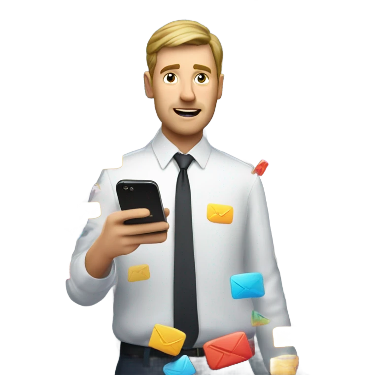 make the emoji in the same style as apple emojis. And the emoji should be a white man collecting emails and in the background it rains emails emoji