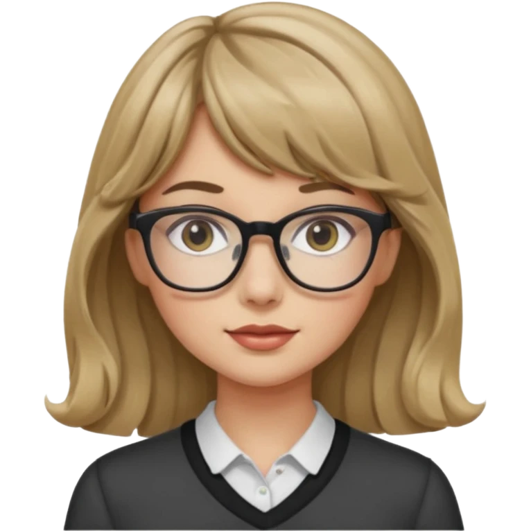 Uma garota de cabelo ondulado loiro escuro,mas com franja lisa e olhos pretos,usa óculos e a cor de pele branca,e o cabelo na cintura emoji