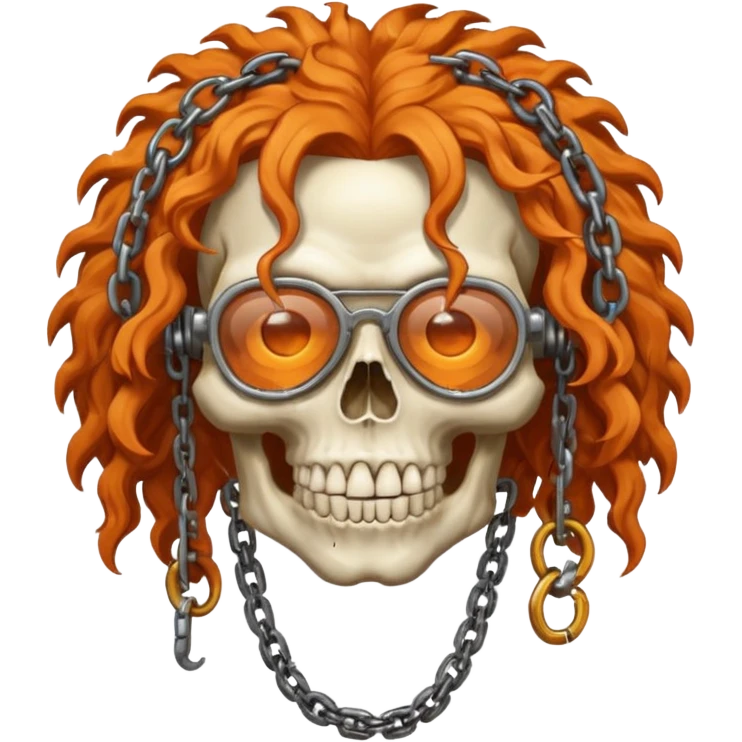 steam-punk Megadeth iconic iconic skull mascot with rusty glasses and chains on his teeth, orange curly huge hair emoji