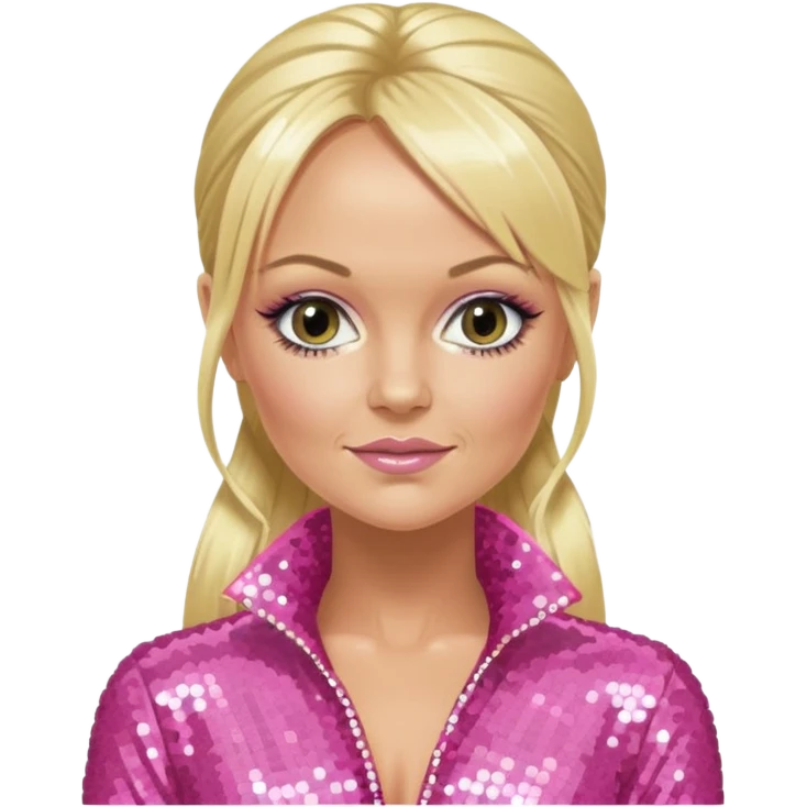 Emma Bunton from Spice Girls with long blonde two high ponytail hair, pink sequin outfit emoji