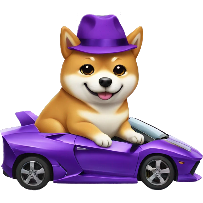 shiba inu with purple hat, sitting on top of a purple Lamborghini  emoji