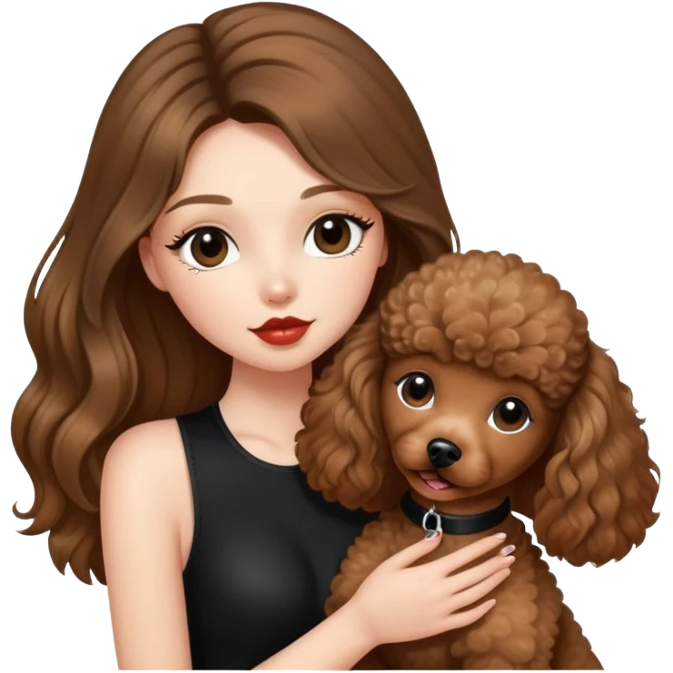 girl with long balayage hair and long lashes, wearing black halterneck top, and holding and kissing a brown poodle emoji