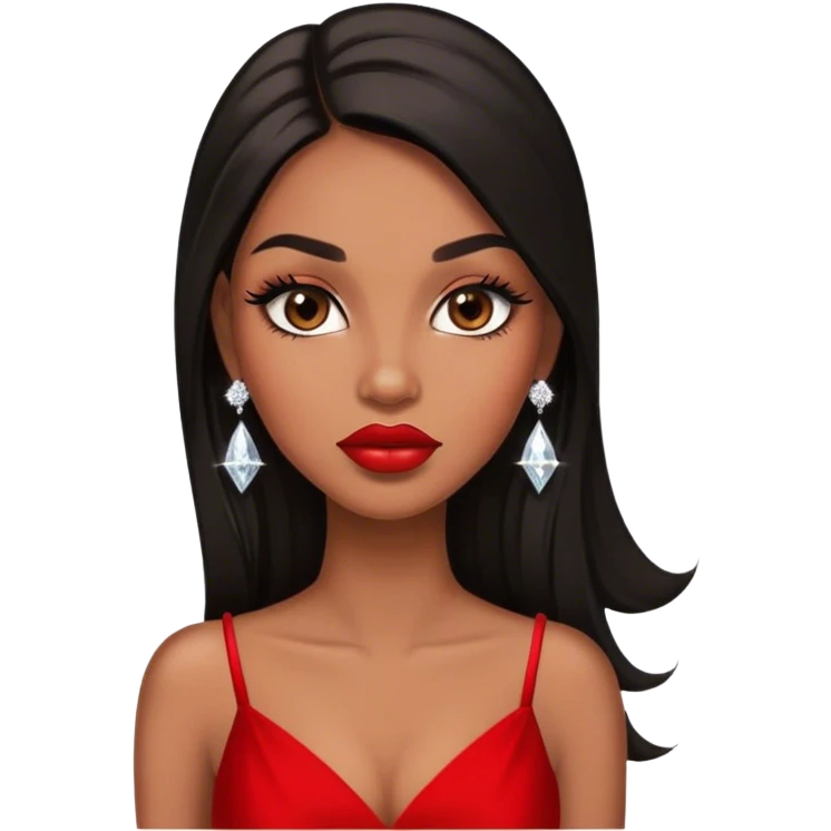 light brown skin tone, very beautiful woman, with big plump lips, long long lashes, black straight long hair, brown eyes, red dress, diamond stud earrings emoji
