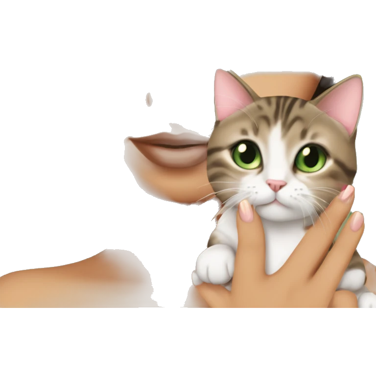 A girl with green eyes and dark brown straight hair, and makeup nude lipstick  and eyelashes, slightly tanned, oval light pink fingernails ,white top, holding a brown tabby cat with green eyes  emoji