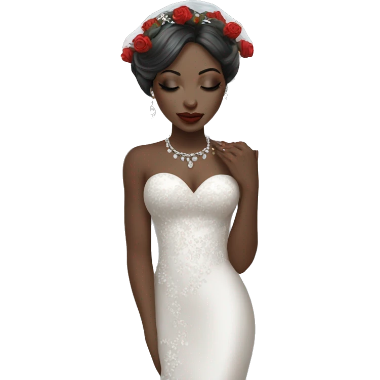 African bride. Makeup. Short black hair. Silver jewelry and long veil. Holding red roses. Eyes closed. emoji