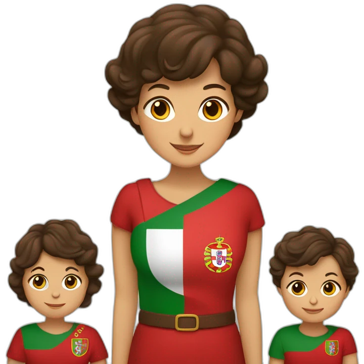 Une grand-mère brune, deux enfants bruns et le drapeau du Portugal en forme de cœur emoji