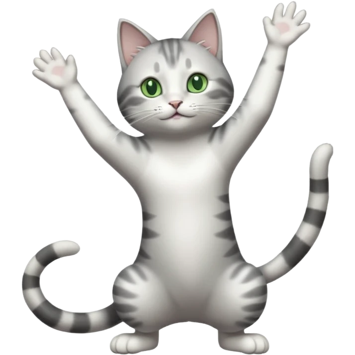 grey and white cat with green eyes doing a big extremely long stretch reaching up into the air with arms and legs side by side together emoji