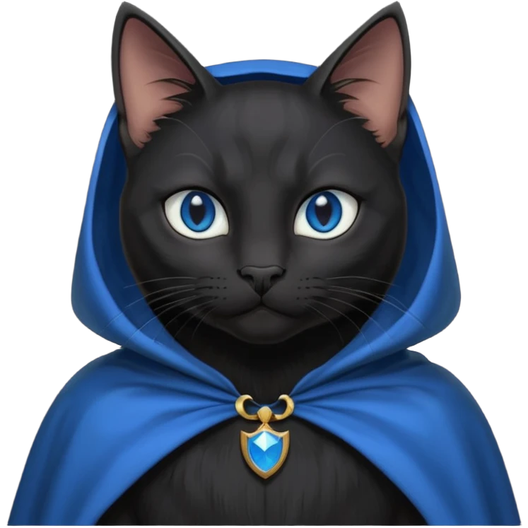 An Anthromorphic all black cat with blue eyes wearing an all black cape emoji