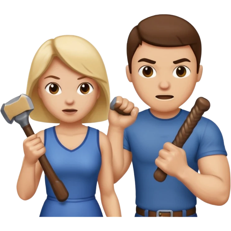 woman fightng man with a hammer and winning emoji