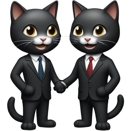 Two dark colored, happy cats, shaking hands in suits both with headphones on.   emoji