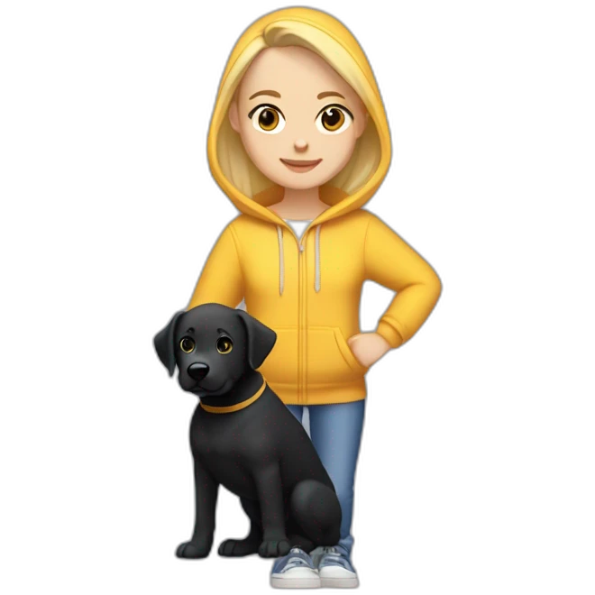 A blonde girl  with smooth hair and a ray in the middle of his hair, she has light skin a few freckles, and she wear a hoodies and she Carries in his arms a black baby labrador dog  emoji