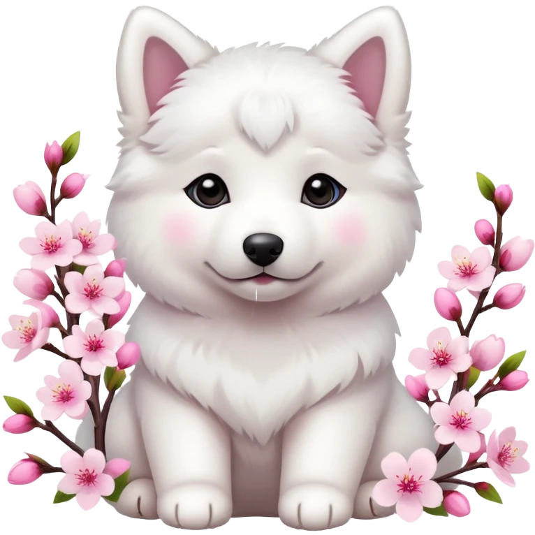 A cute  little  white Samoye and cherry blossom emoji