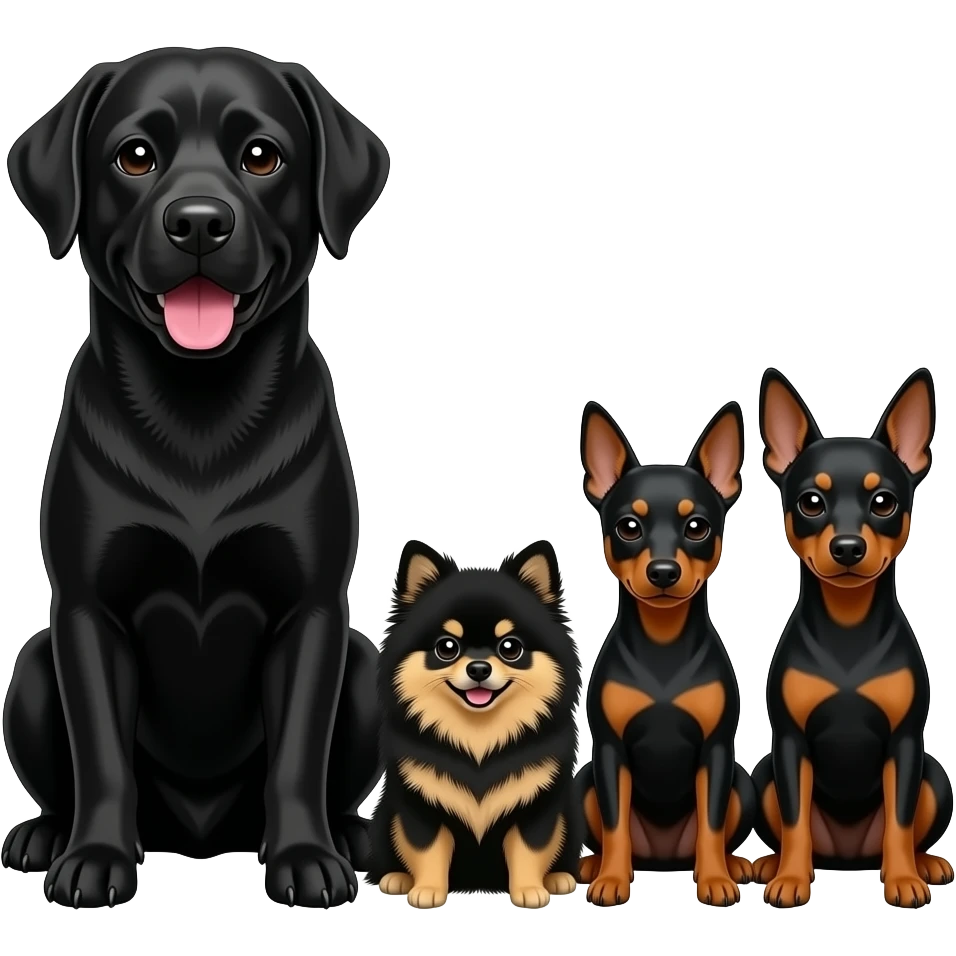 Large older black lab and small black and tan pomeranian together with TWO black and tan miniature pinchers that are 3 inches taller than the pom emoji
