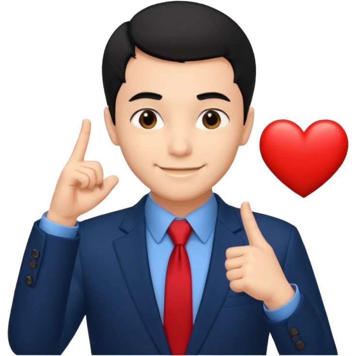 A man in very black short hair with all back hair style, wearing dark blue suit and red tie, making a heart finger emoji
