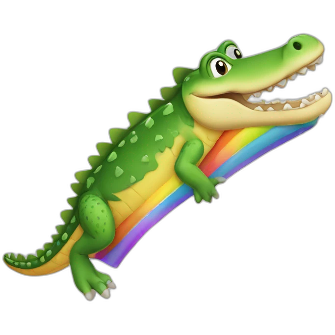 A crocodile running on a rainbow emoji