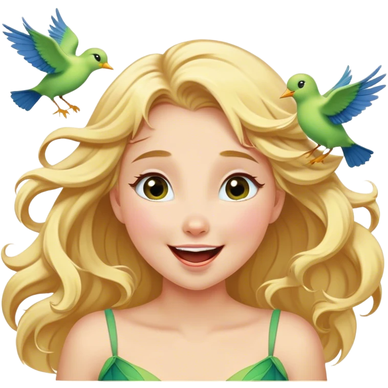 Cinematic Adorable Aurora Portrait Emoji, Giggling in surprise as birds land on her shoulders, cheeks flushed, golden locks bouncing, an irresistible mix of playfulness and beauty! emoji