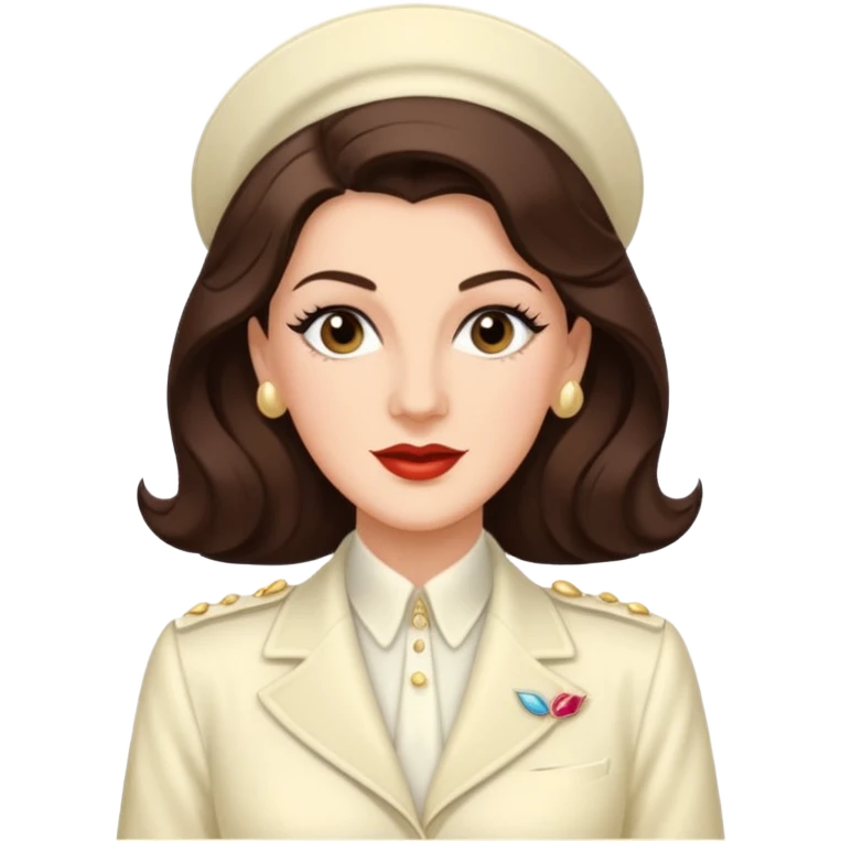Maxene Andrews from The Andrews Sisters with long dark brown hair, ivory outfit emoji