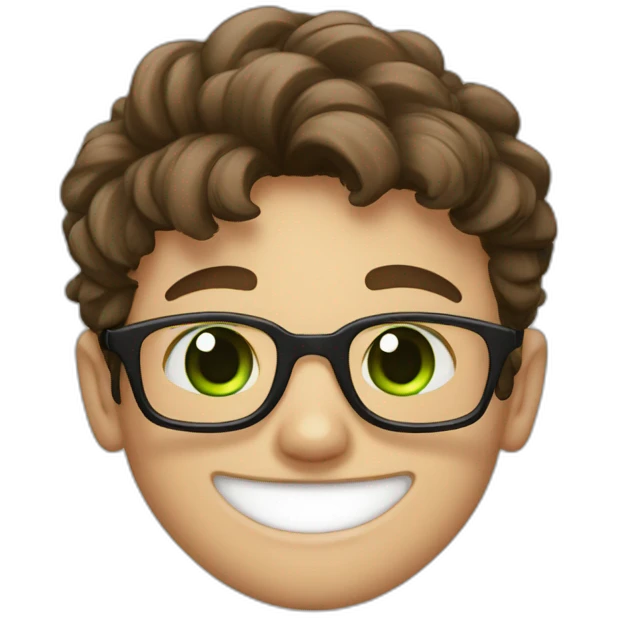 Teen boy with brown hair, green eyes, circle glasses big nose and pretty smile emoji
