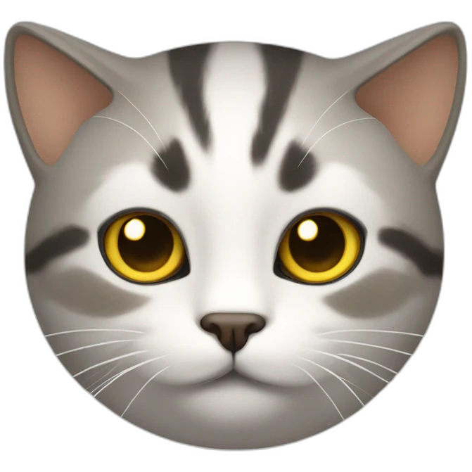cat with white head and at the top of the head some black cyper color, yellow brown eyes, dirty looking emoji