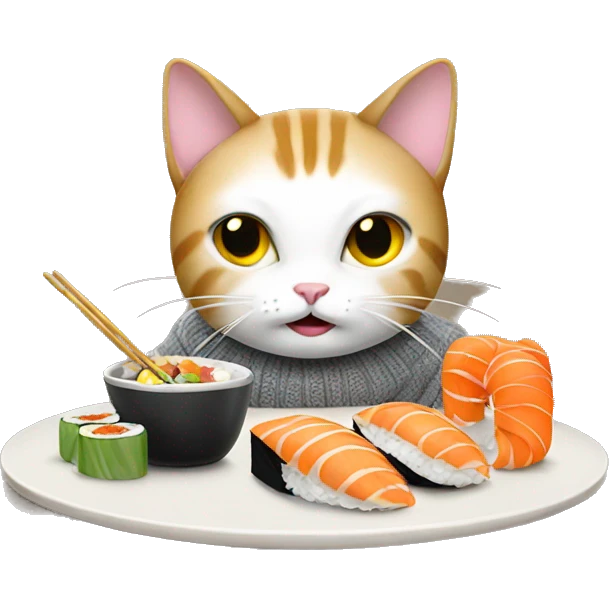 A cat wearing a sweater eating sushi  emoji