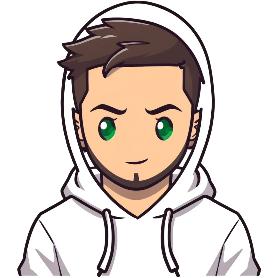 anime style male character with green eyes, dark brown undercut hairstyle, short beard, wearing white hoodie emoji