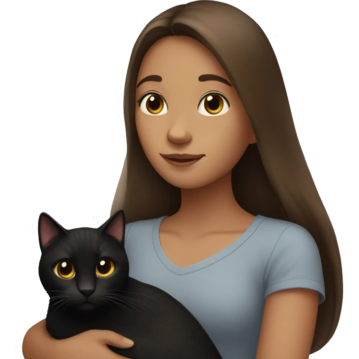 A girl with long brown hair holds a black cat in her arms. emoji