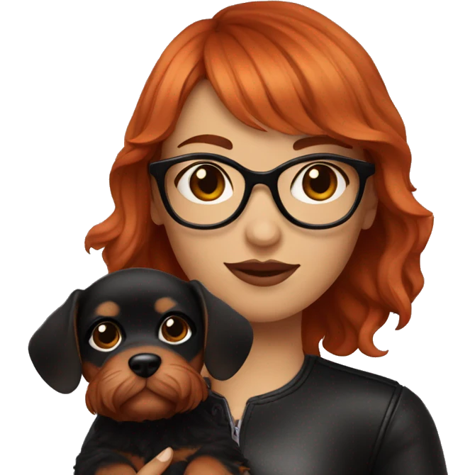 red-haired girl with bangs and short hair and black glasses leather holding a Cavalier puppy emoji