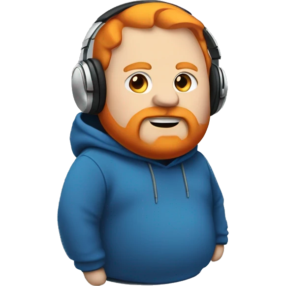 Fat man with hoodie over head with beard and orange hair with headphones and the hoodie is blue emoji