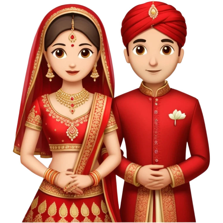 Indian married couple in traditional wedding attire, bride in red and gold wedding lehenga or saree, groom in sherwani, both with fair skin, groom is clean shaven emoji