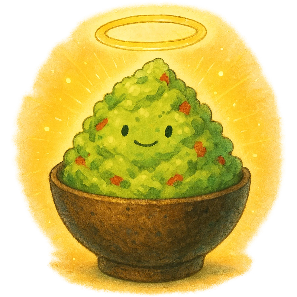 ghibli style holy guacamole, whimsical guacamole with a glowing aura and halo emoji