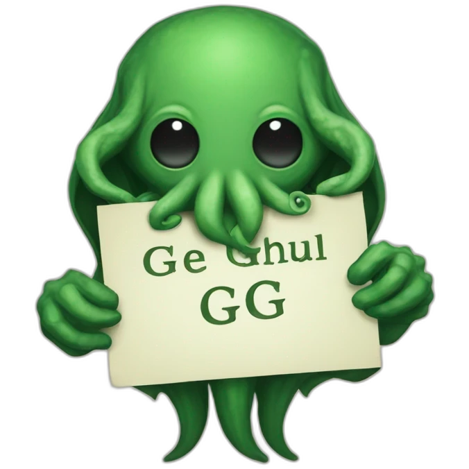 cthulhu with a beard holding a sign saying GG emoji