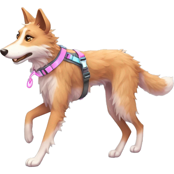  brindle fluffy lurcher fox blue eyes pink nose fluffy ears and holographic harness running emoji