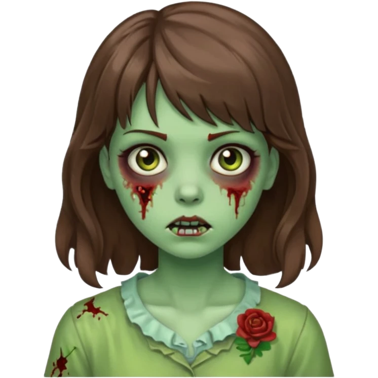 Uma menina zombie com um cabelo ondulado médio, com a franja pro lado esquerdo, o cabelo com cor castanho com a cor de pele verde  emoji