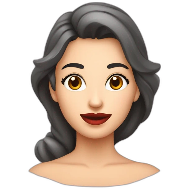mujer con cara alargada mandibula bien marcada, boca grande, labios anchos, mirada seductora pelo lacio oscuro mirando seria  emoji