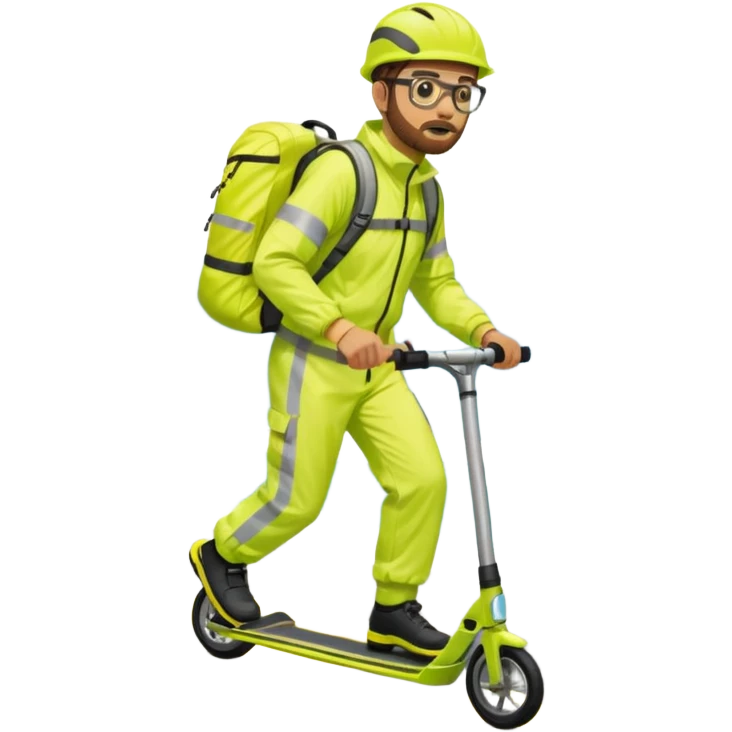 Man wearing a neon yellow high-vis waterproof suit with reflective stripes, carrying a large hiking backpack, standing on a stunt scooter. He has short brown hair, a trimmed beard, glasses, and is by the sea on a concrete platform. emoji