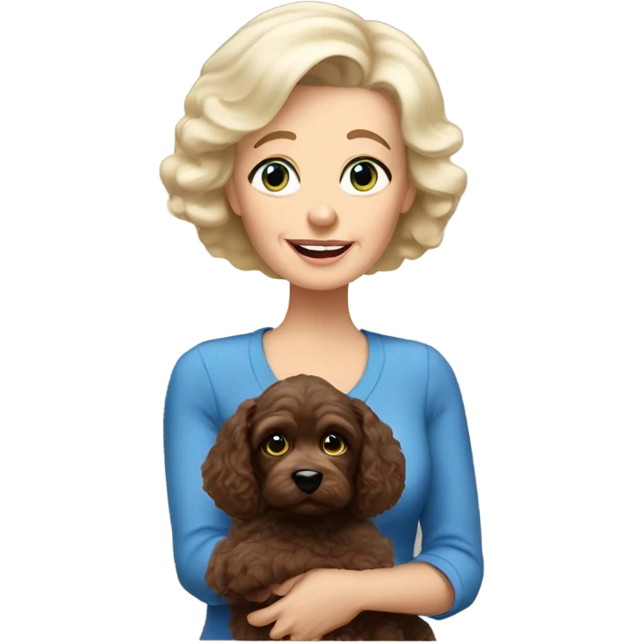 blue eyed old blonde lady with dark brown Cockapoo puppy dog emoji