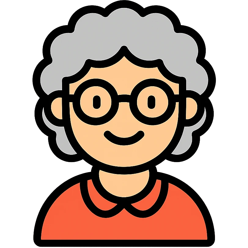 color outline icon of a smiling elderly Caucasian woman, grey curly hair, glasses emoji