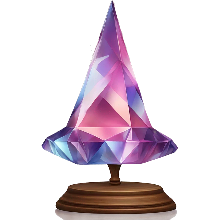 crystal sculpture witch hat with a geometric, faceted design. The hat is standing upright on a wooden stand with angular and baroque features. The vibrant midtone tints of pastels and pink highlights the sharp edges and planes.  emoji