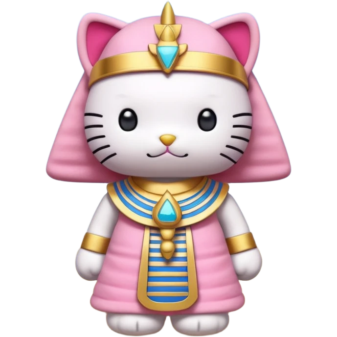 a Hello Kitty–style plush dressed as an Egyptian pharaoh, held by a hand, with a pyramid in the desert background, clear blue sky, natural light, shallow depth of field. emoji