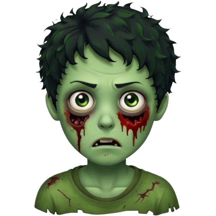 zombie character with green skin, messy short curly black hair, and no glasses. Give him large expressive eyes, a slightly frightened or eerie expression, subtle wounds, dark under-eye shadows, and a few cracks or dried blood marks on the face.  emoji