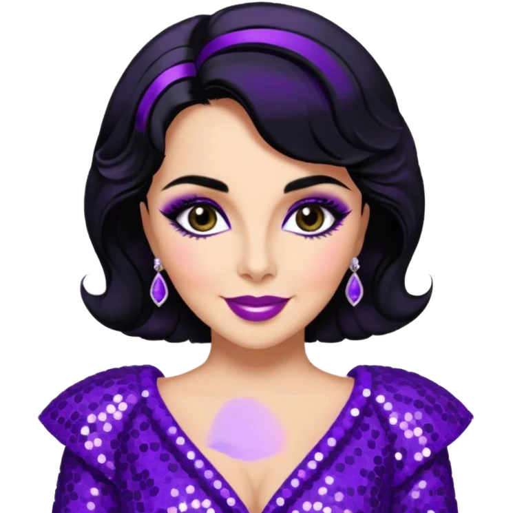 Elizabeth Taylor with black hair, purple sequin outfit emoji