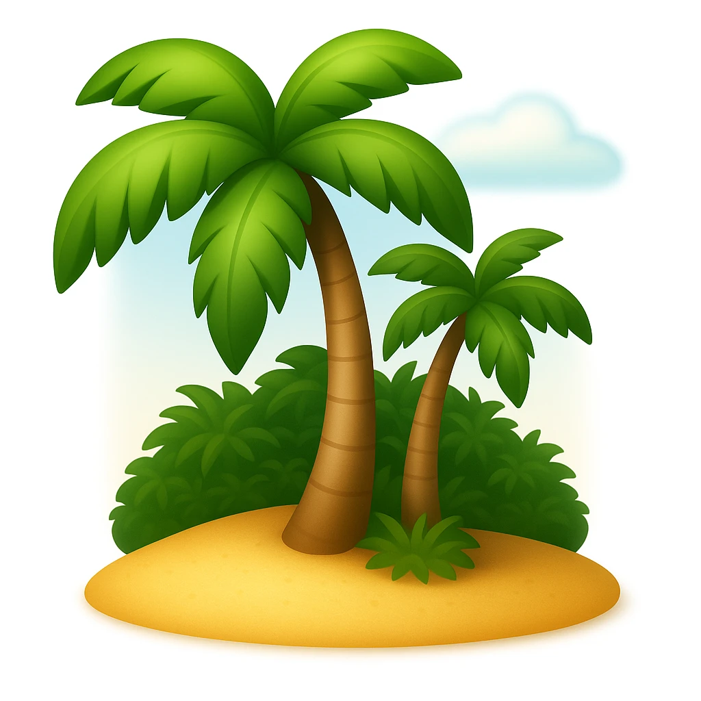 Create a beach emoji that looks exactly like the reference image in classic iOS emoji style. The emoji should have a 3D appearance with shiny, smooth gradients and soft shadows. Include palm trees and sand with the classic emoji look, emphasizing the 3D, shiny, smooth gradient style and soft shadows as seen in iOS emojis. Add a soft shadow under the palm trees to give depth and realism. emoji