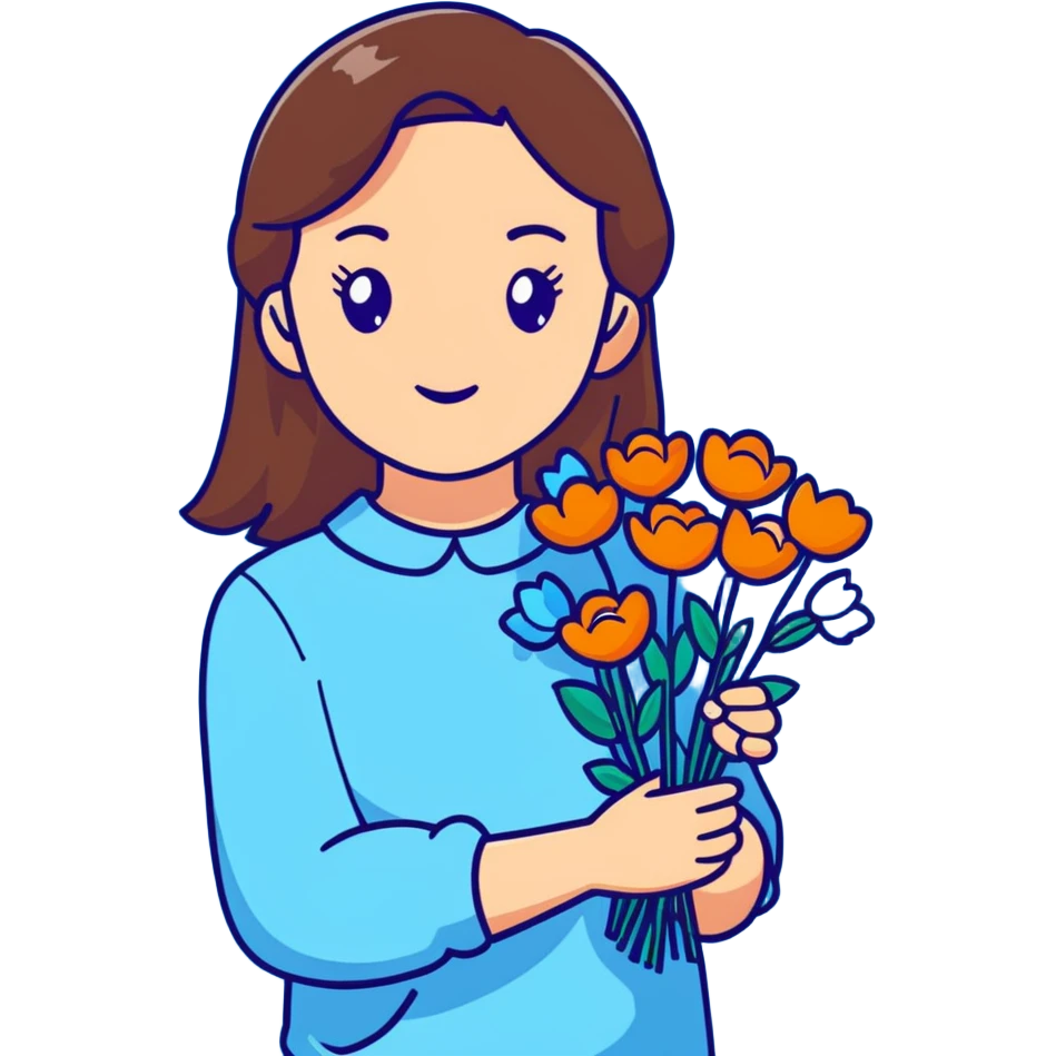brunette girl with brown hair wearing pastel blue clothes holding flowers emoji