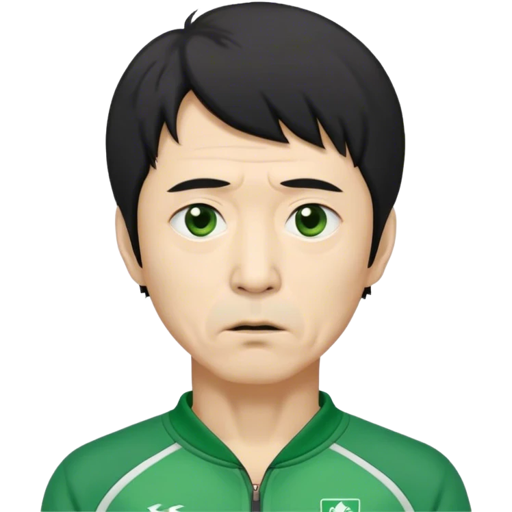 Seong Gi-hun : age 60, skinny and bony face, very small mouth, unkempt black hair and tired eyes, Green player tracksuit. emoji