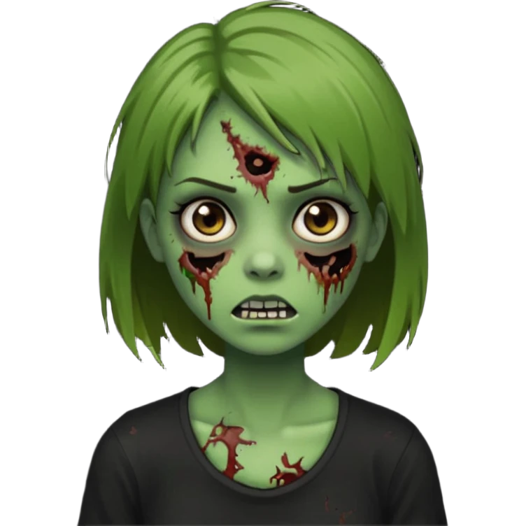 Zombie girl emoji verde com cabelo curto liso castanho no ombro com uma blusa preta emoji