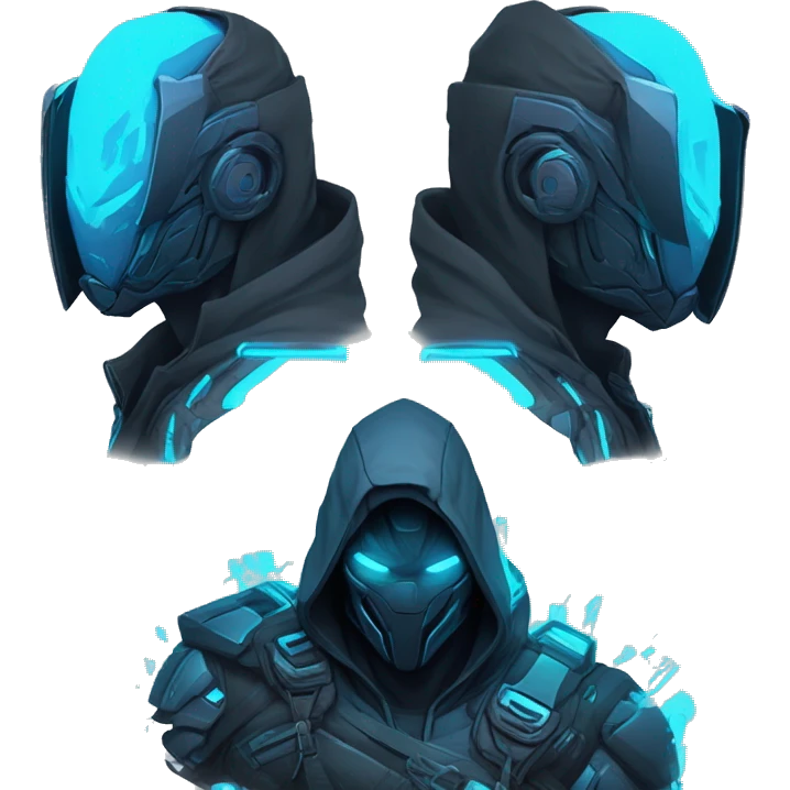 developer behind his laptop with this style : crysis Cyberpunk Riot Games Valorant neon glowing bright blue character blue black hooded assassin themed character emoji
