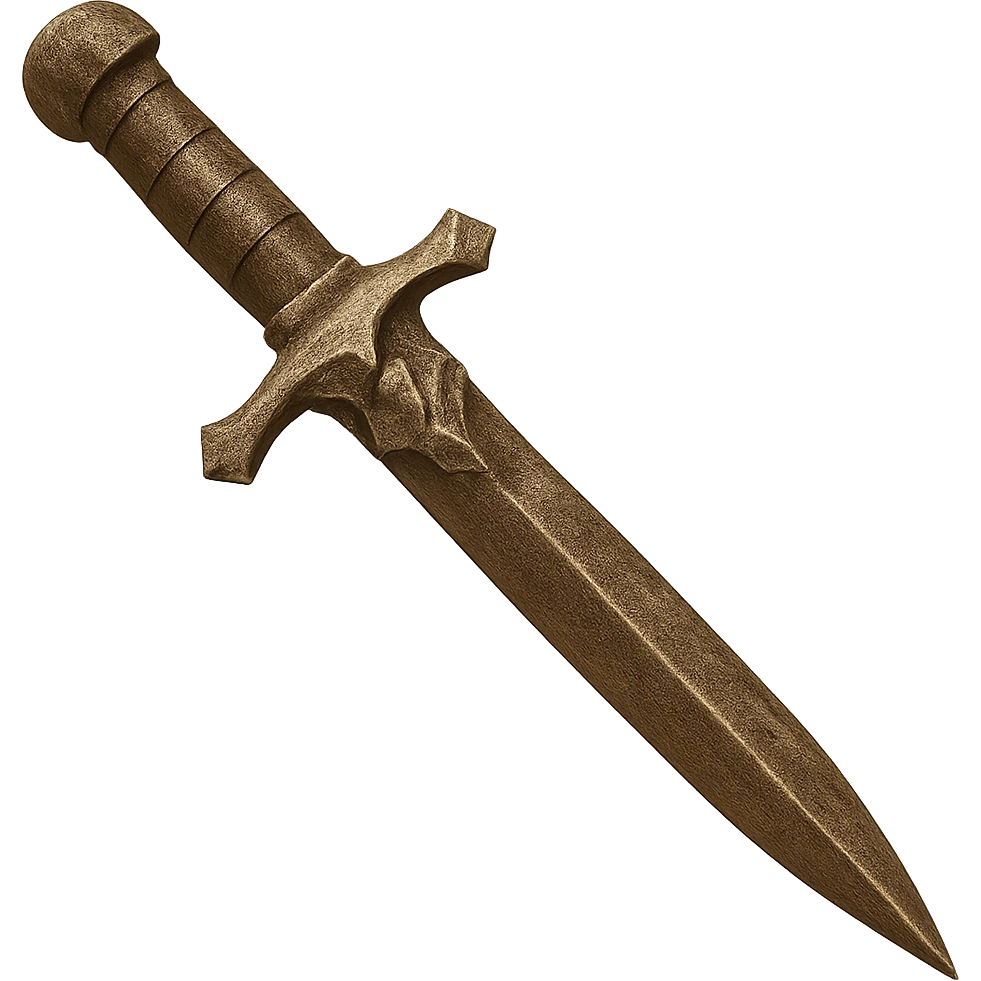 Edit the bronze dagger to match the color, texture, and worn look of the bronze 2h sword while keeping the dagger's shape. The style should resemble emoji style with a metallic appearance and transparent background. The original style is emoji, which does not support editing, so use the general style to respect the emoji look. emoji