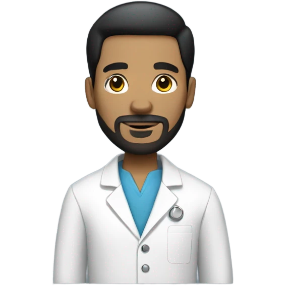 full Man with short black hair and goatee beard wearing a lab coat emoji