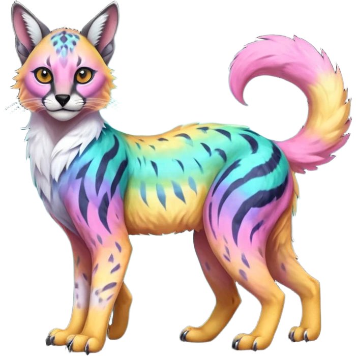 Realistic Colorful pale nebula gradients-colored randomly-colored fruity glorious exotic neon vibrant zigzagged fantasy-caracal-civet-genet-sergal-vernid-Gryphon-Cacomistle-Trico-oncilla-animal-Fakémon-hybrid-fursona (full body), facial markings, (realism style) emoji