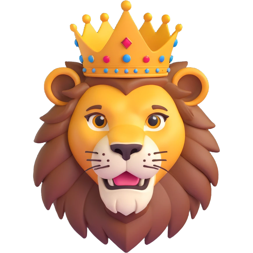3D style lion head with a crown, detailed, regal emoji